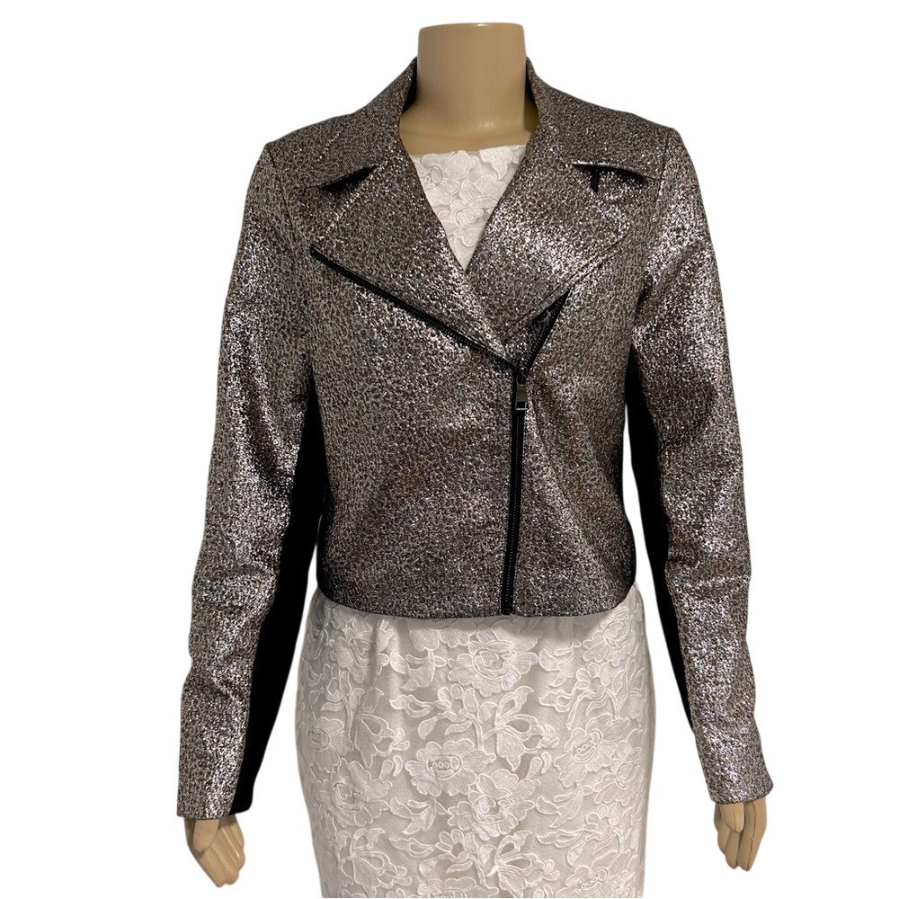 SB by Sachin & Babi Womens Silver Metallic Moto‎ Jacket R18M02 Medium